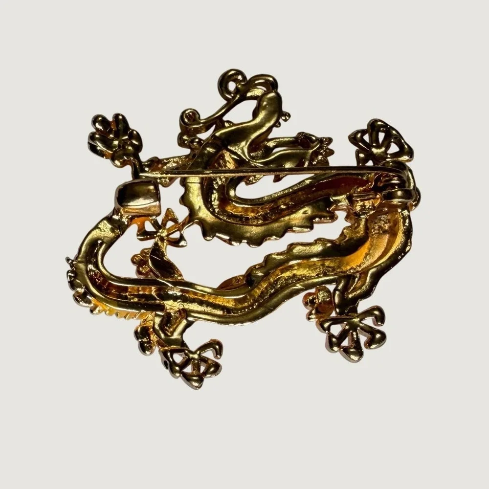 Vintage Orange Enamel Chinese Dragon Brooch Gold Tone Mythical Creature Pin 2